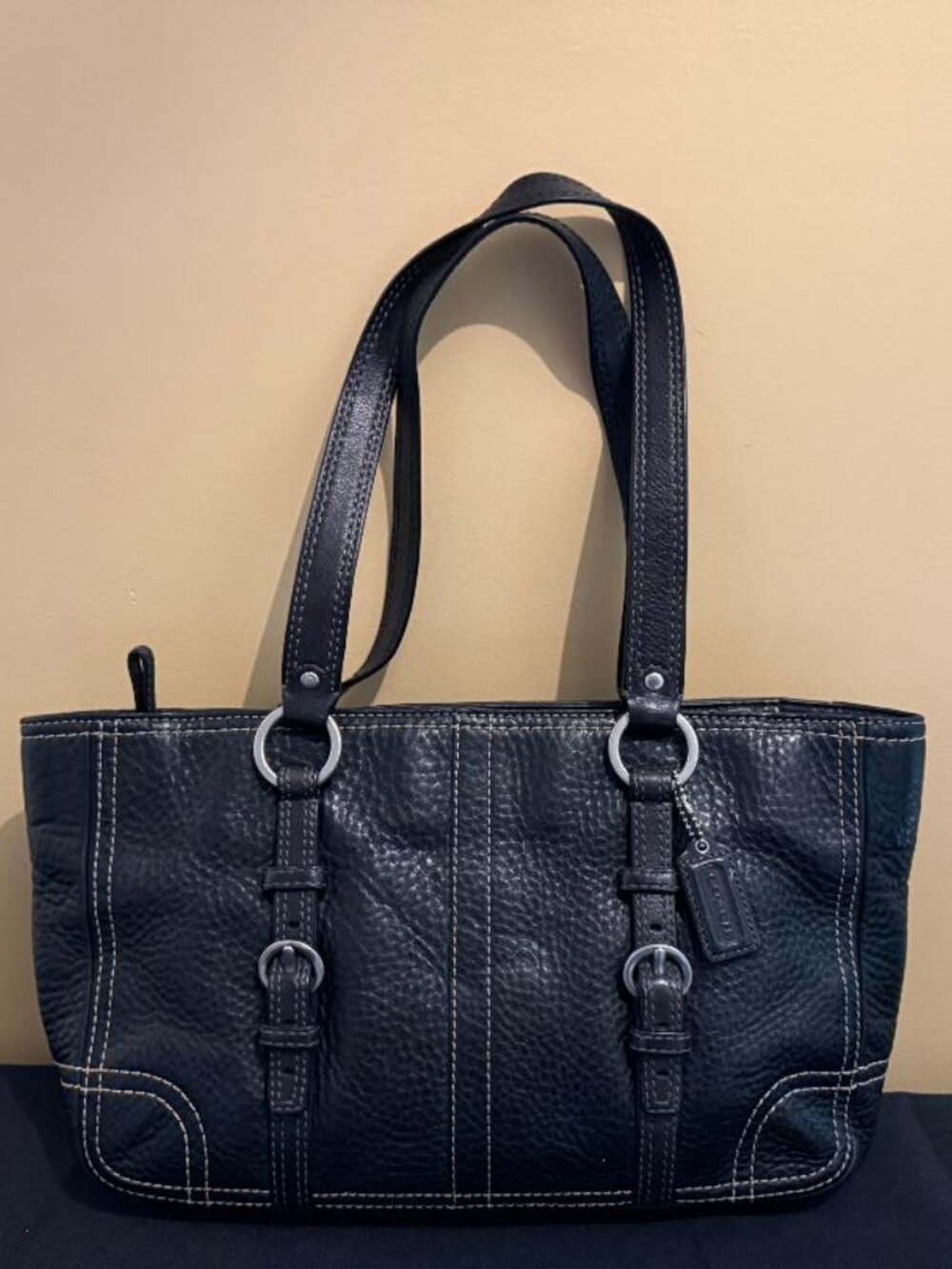 Coach Black Pebbled Leather Tote Bag Shoulder Purse Silver Hardware Authentic
